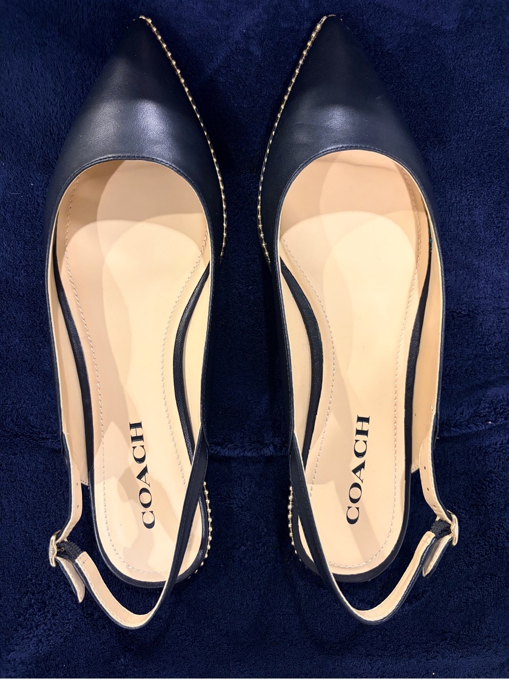 Coach Black Pointed Toe Slingback Flats with Gold Stud Trim size 9